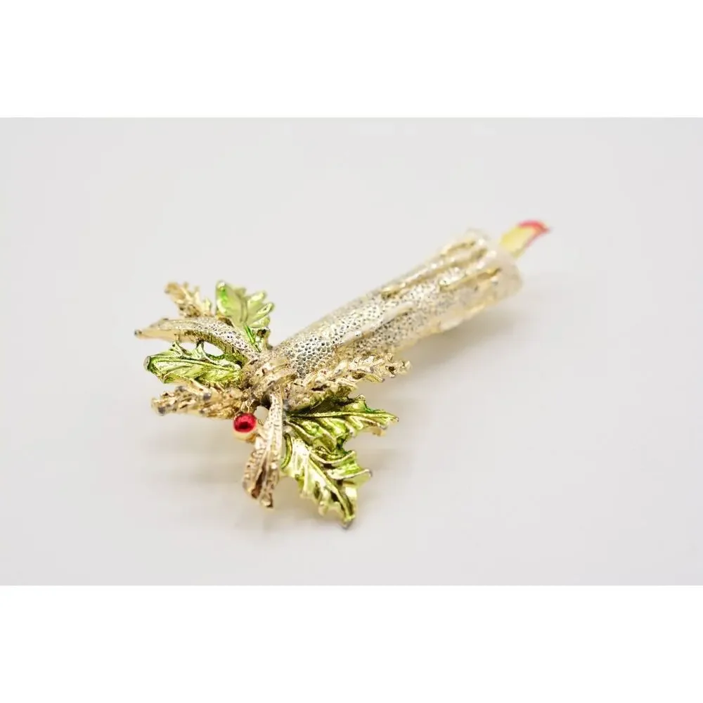 Gerry's Vintage Christmas Candle Pin Brooch Silver Red Green Enamel Signed 9B